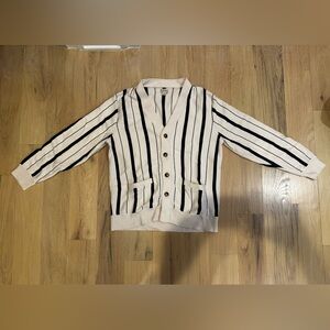 J Crew Cream and Navy Striped V-Neck Cardigan